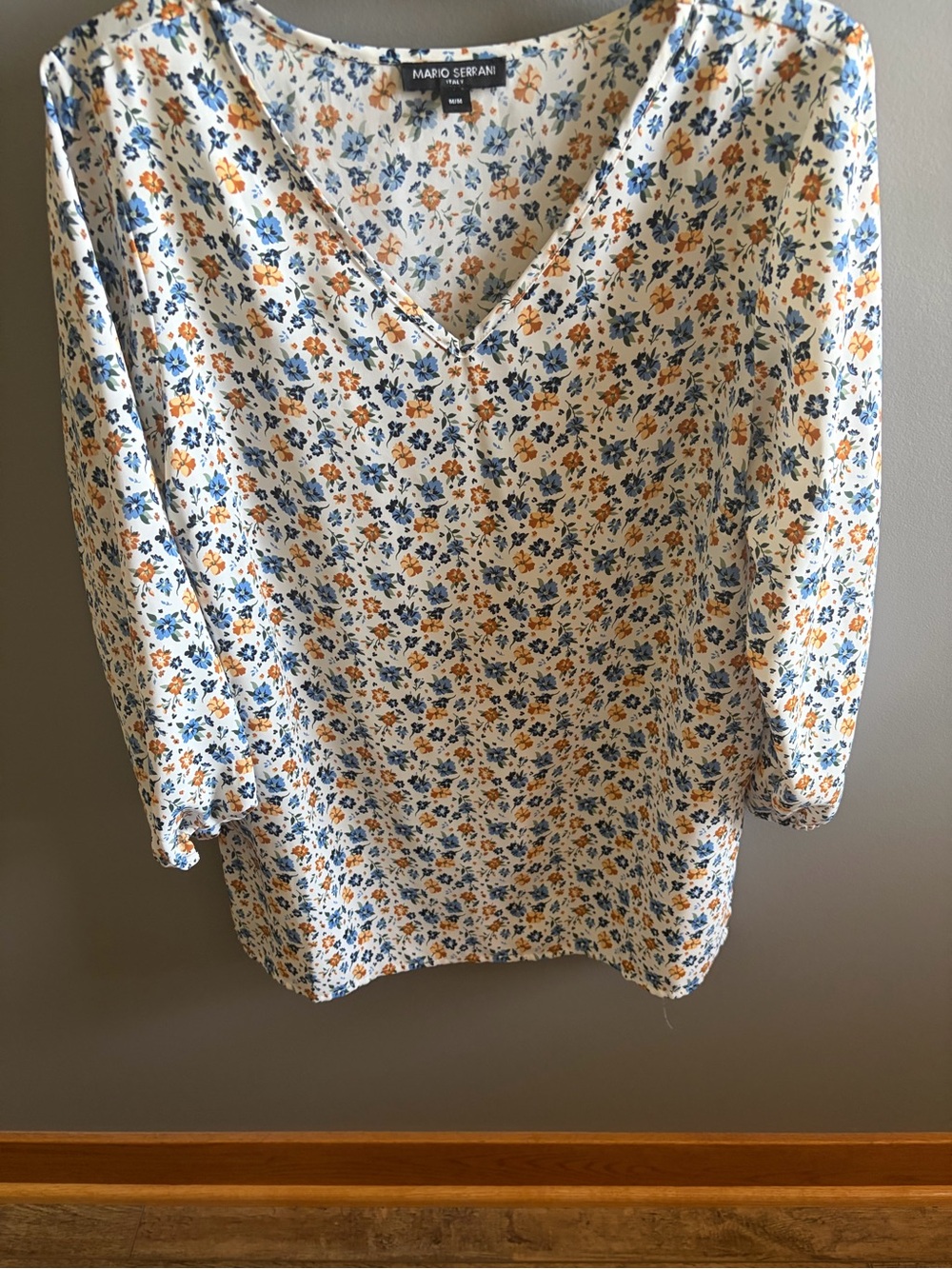 Mario Serrani Cream Floral V-Neck Blouse with Blue & Mustard Flowers